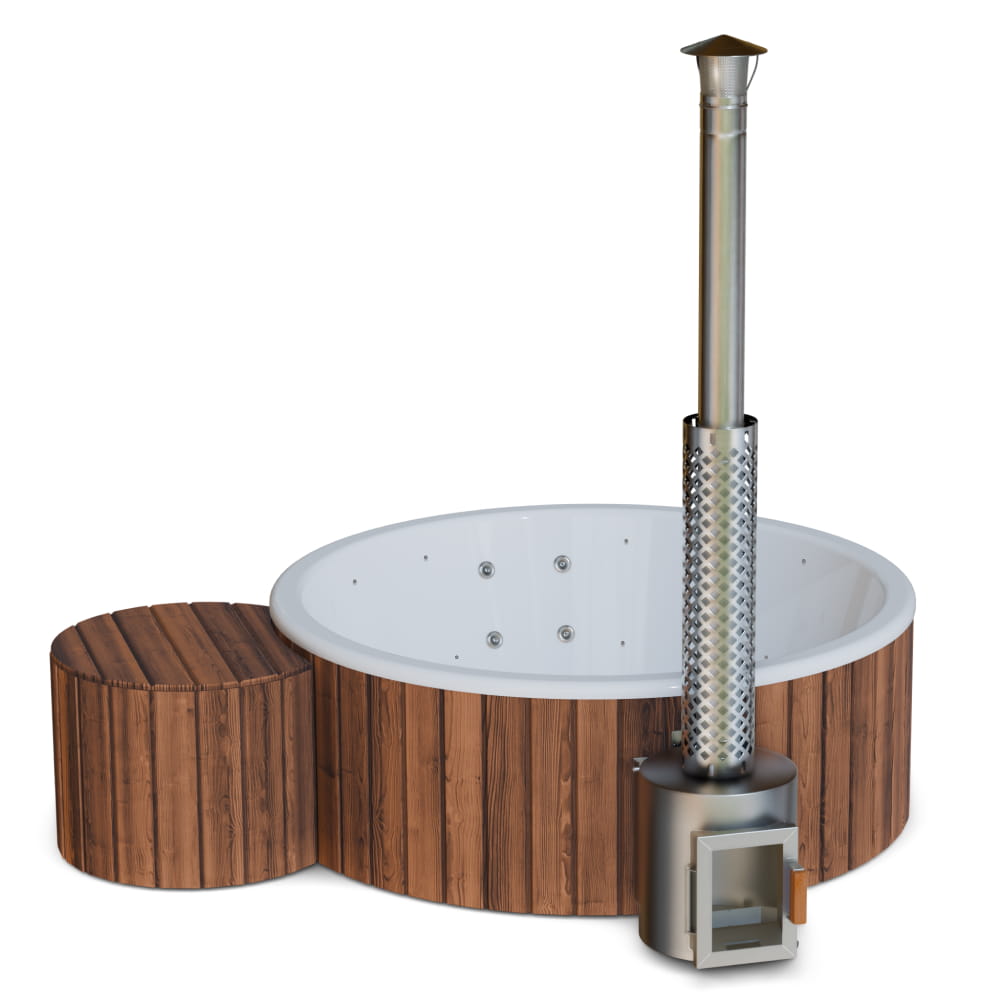 Flat Bottom Wood-Fired Hot Tub with 12 Hydro Jets and mini LEDs for 4-6 people