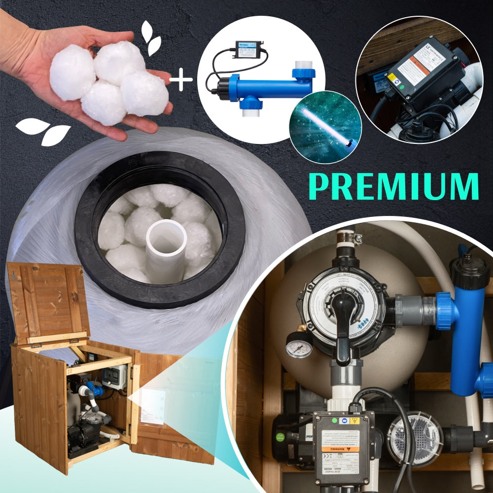 Nahaufnahme eines Premium-Wasserfiltersystems mit weißen Filterkugeln, blauem UV-Sterilisator und Holzgehäuse für die Ausrüstung