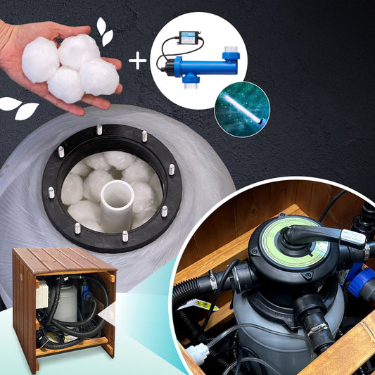 Nahaufnahme von weißen Filterkugeln in der Wasserfilterkammer mit eingefügten Bildern der Filteranlageninstallation und ihrer Komponenten