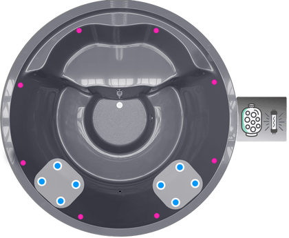 The gray insert of the tub is shown from above, illustrating the layout of the hydro jets and LED lighting