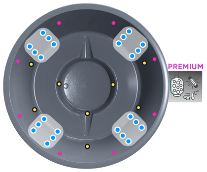 A photo of a gray insert showing the layout of 24 hydro jets, 8 air jets, and LEDs