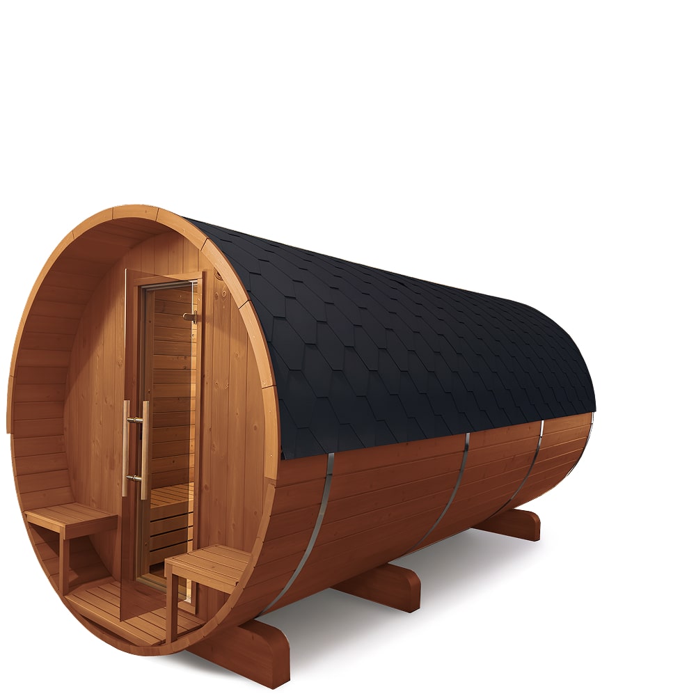 Front perspective of large outdoor barrel sauna with natural oiled ThermoWood, bitumen shingle roof, and glass door