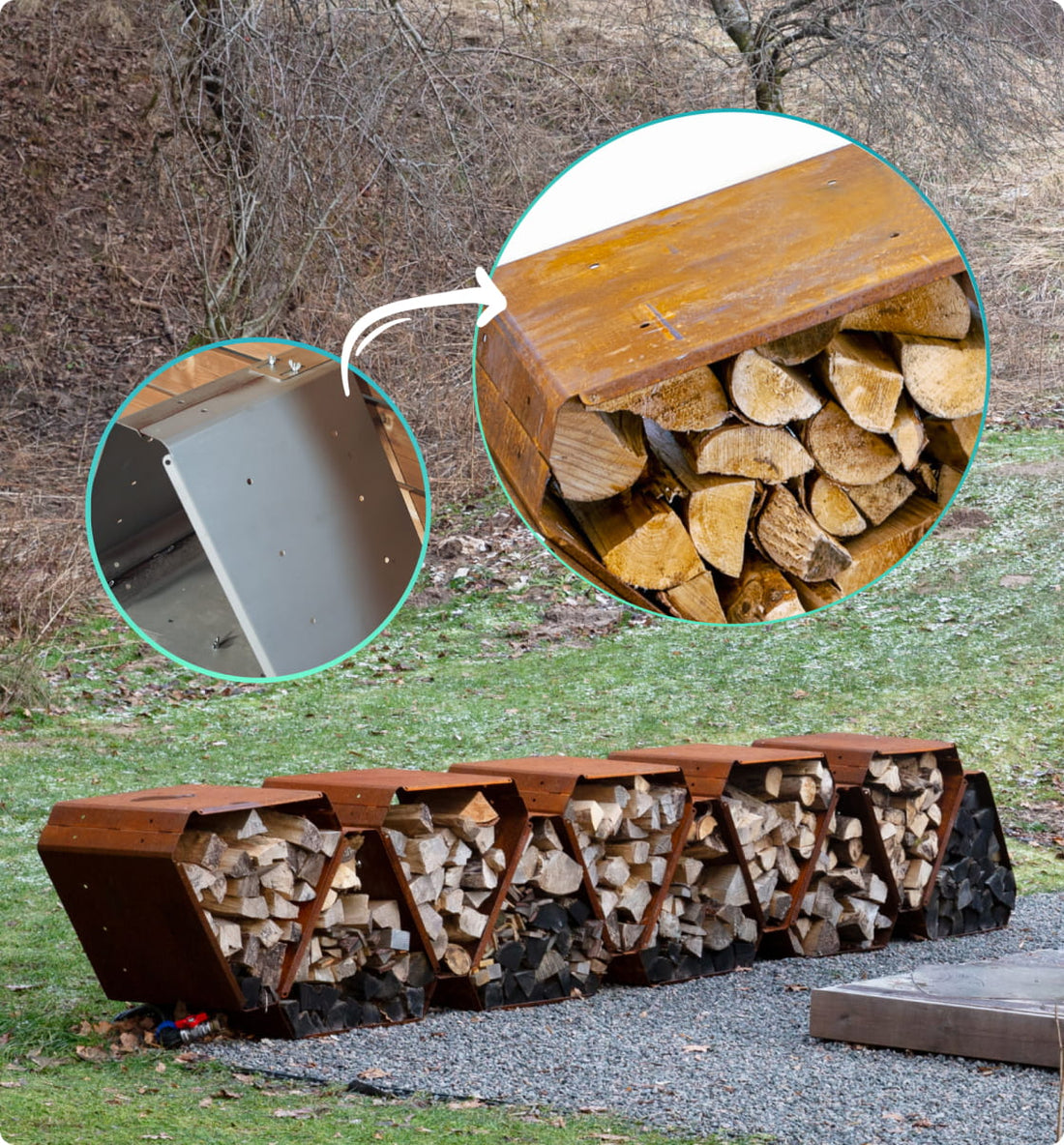 Wooden firewood holder with stacked logs against a natural background