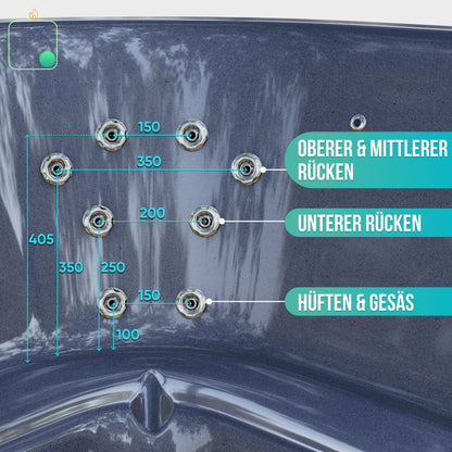 Measurement image on a hot tub's interior surface with labeled areas and measurements.