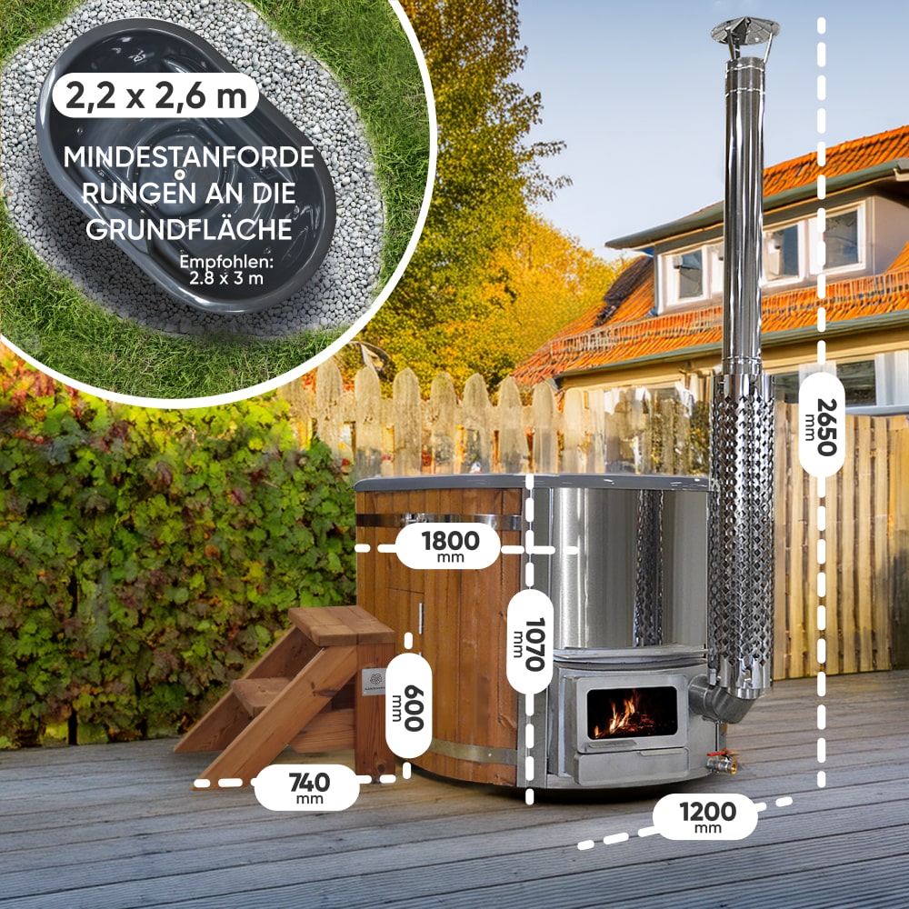 Outdoor view of wood fired hot tub with wooden steps, stainless steel stove, and chimney in backyard setting with measurements.