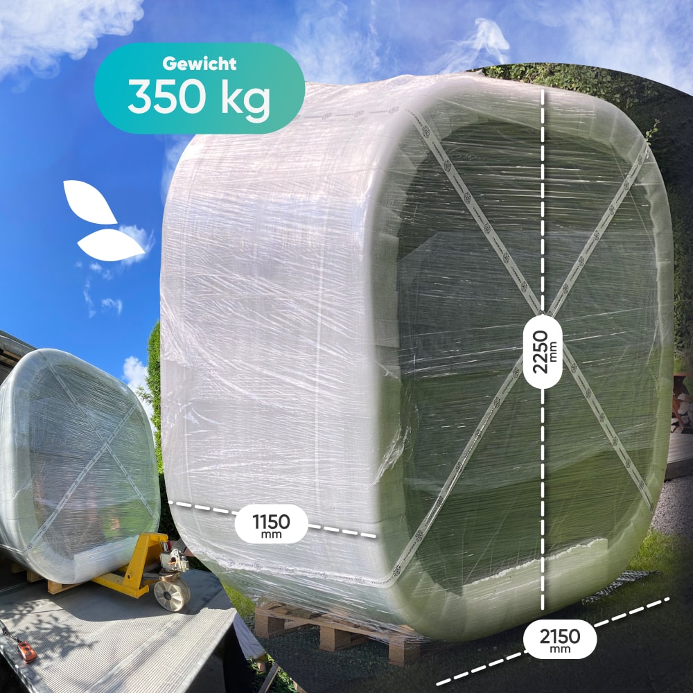 Outdoor image of large square object wrapped in plastic with dimension markers and weight label of 350 kg