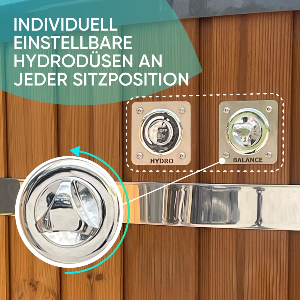Close-up of adjustable chrome hydro jet control knobs mounted on wood panel with German text overlay.