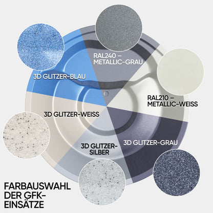 Color selection wheel for GFK inserts showing metallic and 3D glitter finishes in blue, white, silver, gray, and off-white shades