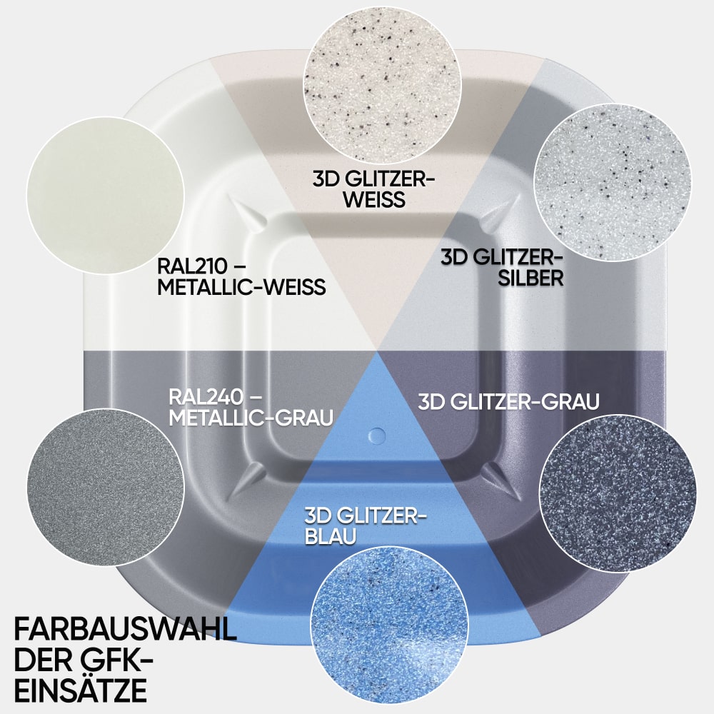 Top-down view of hot tub color options including metallic white, metallic gray, and various 3D glitter finishes in white, silver, gray, and blue