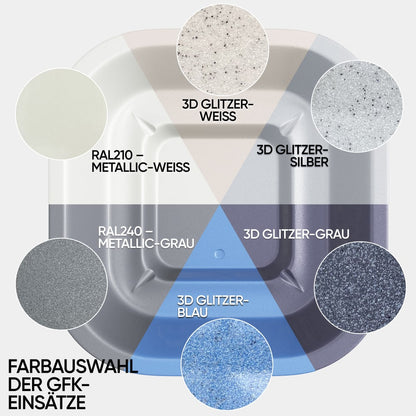 Top-down view of hot tub color options including metallic white, metallic gray, and various 3D glitter finishes in white, silver, gray, and blue