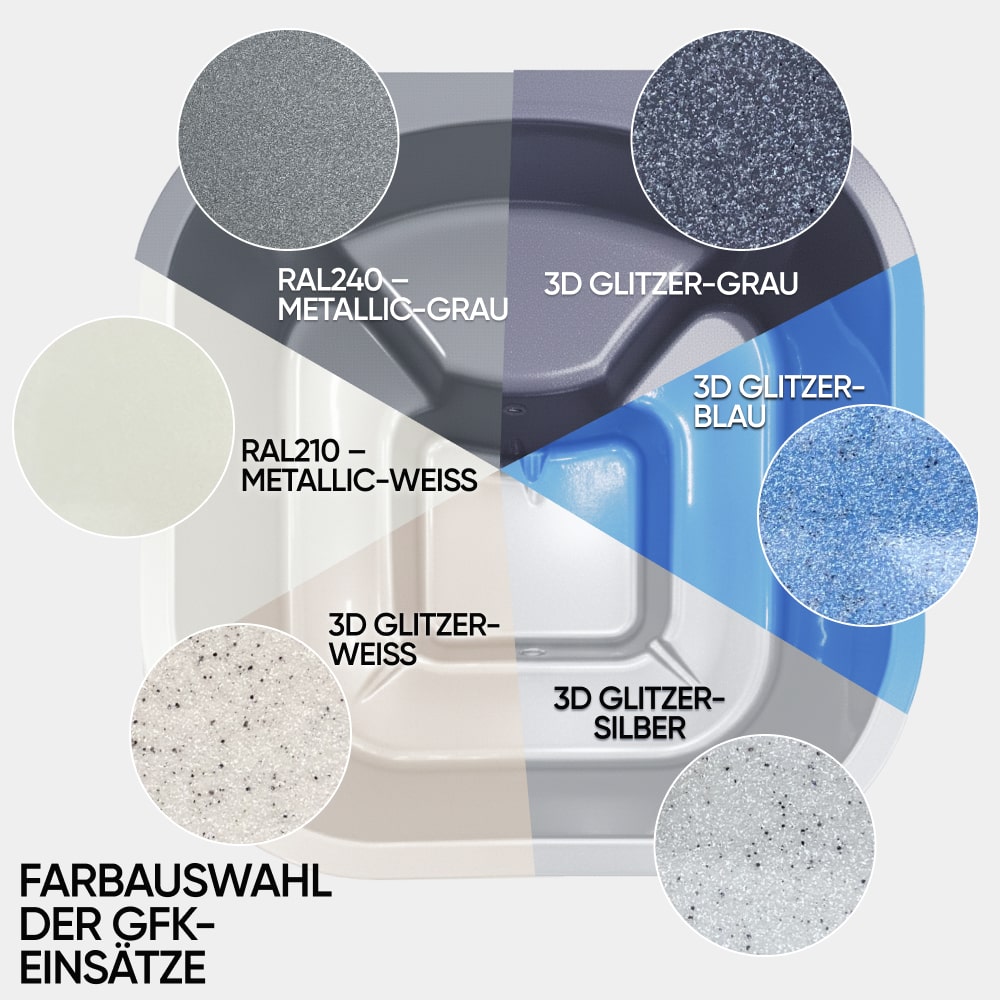 Top-down view of hot tub color options including metallic gray, metallic white, glitter gray, glitter blue, glitter white, and glitter silver