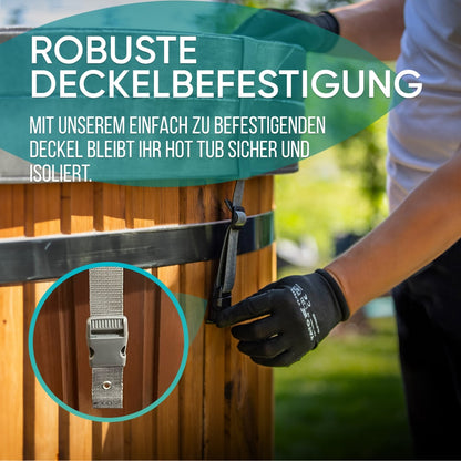 Close-up of person fastening a durable strap to secure the wooden hot tub cover outdoors in daylight