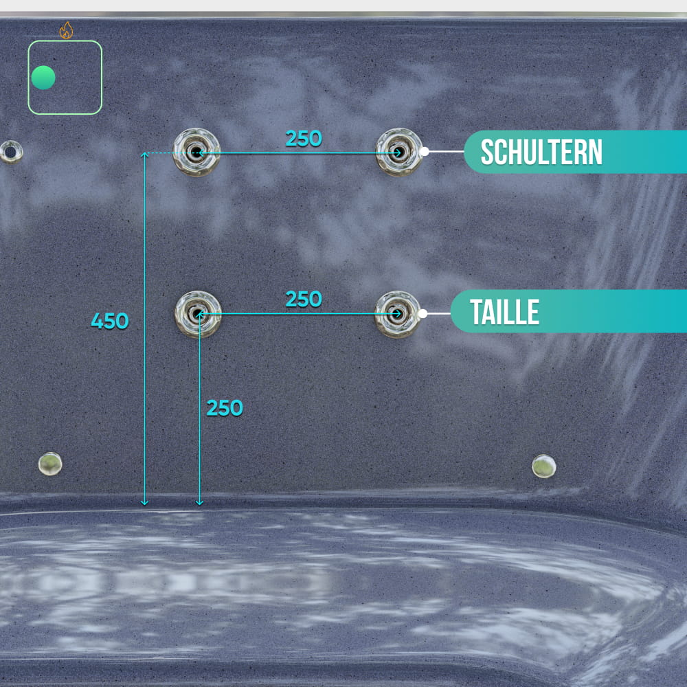 Nahaufnahme der Hydromassagebereiche im grauen Einsatz des Hot Tubs