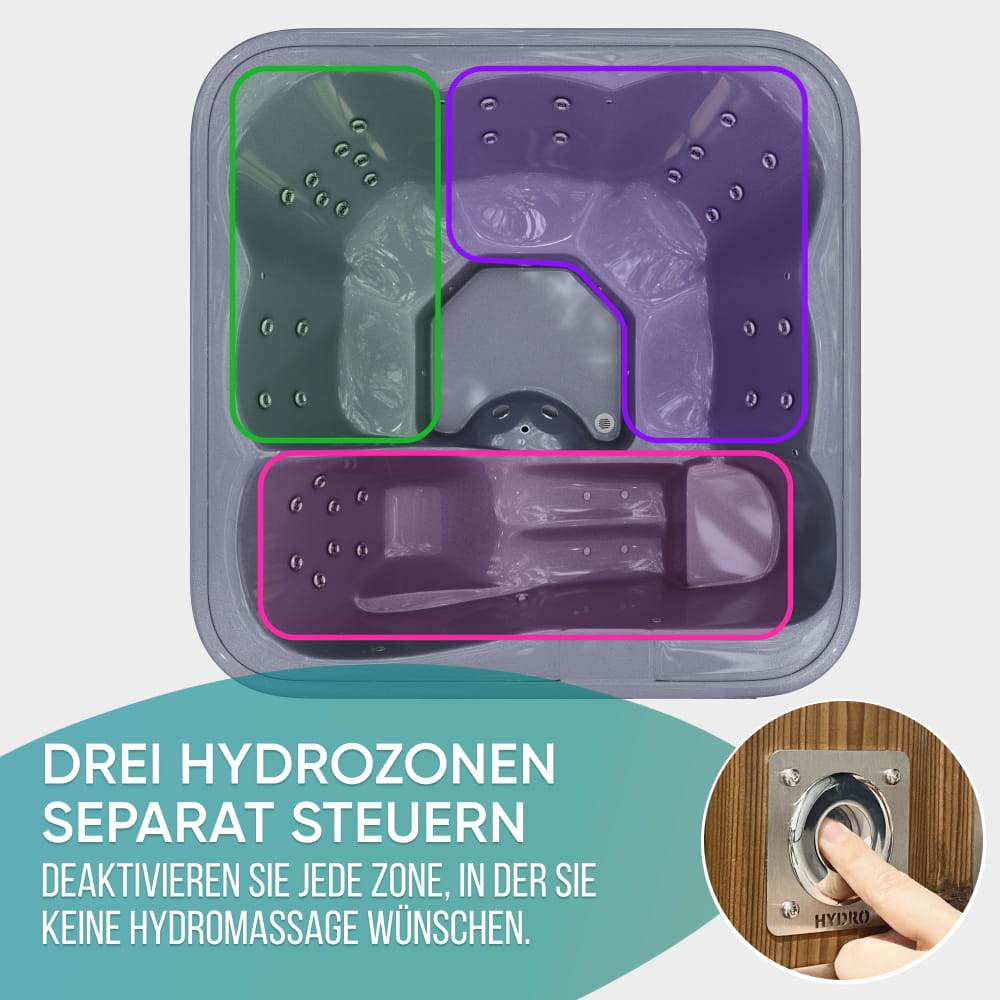 läuterung der einzelnen Hydro-Zonen der quadratischen Whirlpoolwanne mit Liegefläche – drei separate Zonen, die unabhängig voneinander reguliert werden können