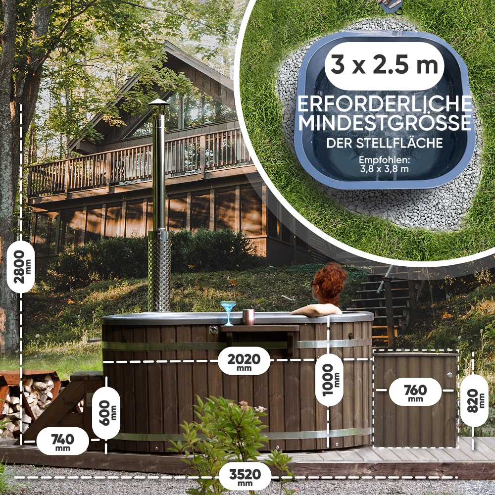 Outdoor side view of wood fired hot tub with integrated stove, wooden steps, and measurement indicators by lake house