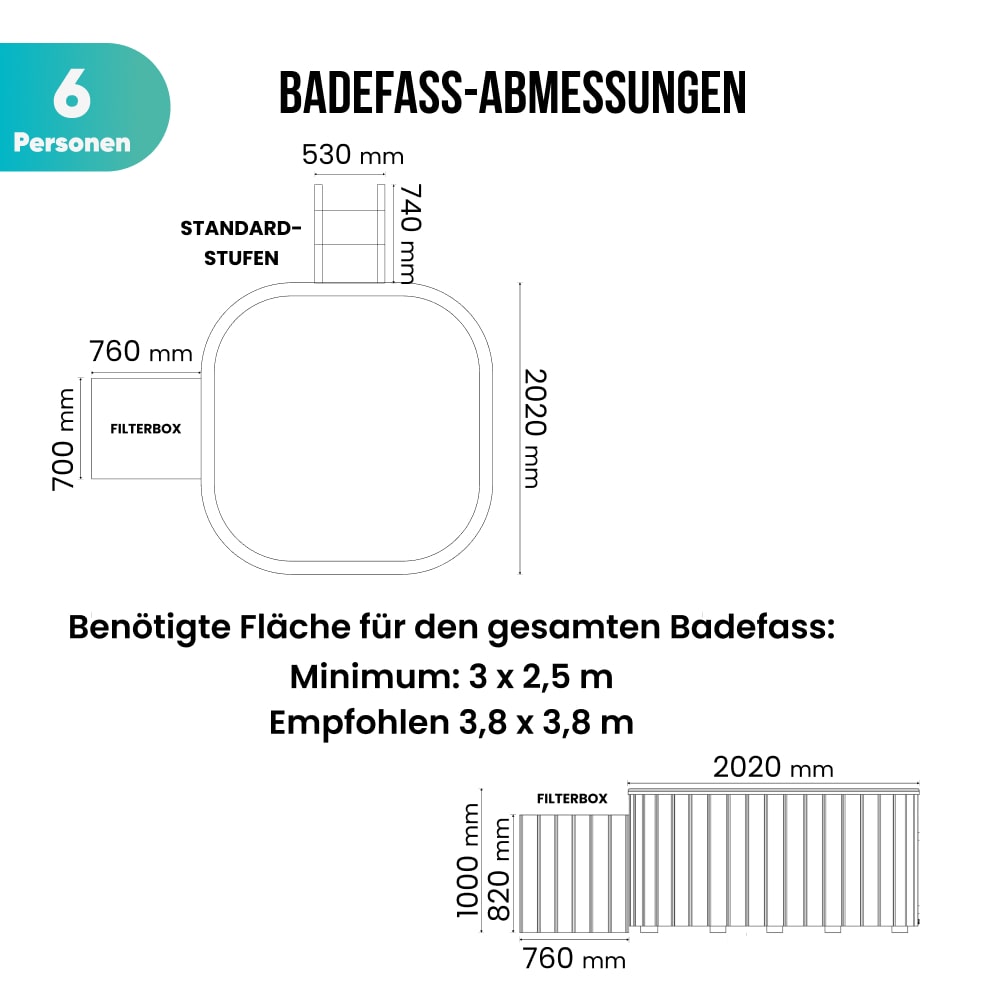 Top-down and side schematic of a 6-person hot tub with filter box, standard steps, and detailed measurements in millimeters
