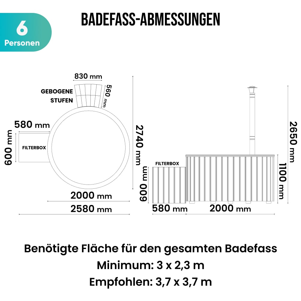 Technical schematic of a round wooden hot tub for 6 people with dimensions and filter box placement details.