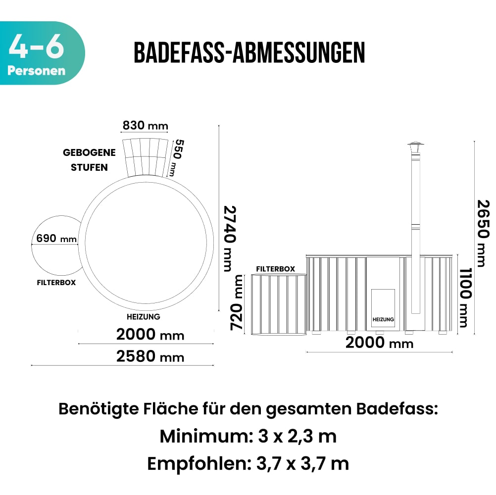 Top and side schematic of wood fired hot tub for 4-6 people with curved steps, filter box, and integrated heating stove dimensions