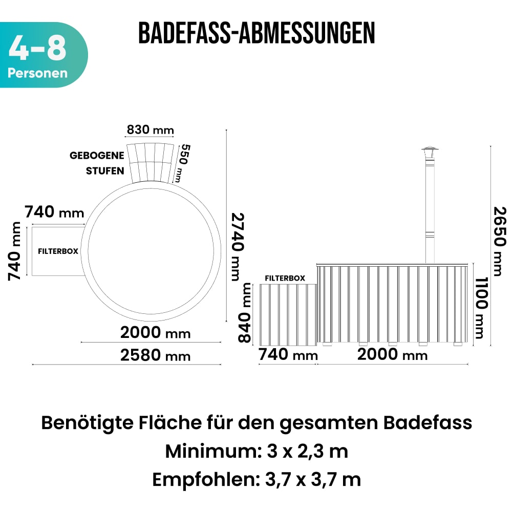 Top and side schematic of wood fired hot tub for 4-8 people with curved steps, filter box, and chimney dimensions in millimeters.