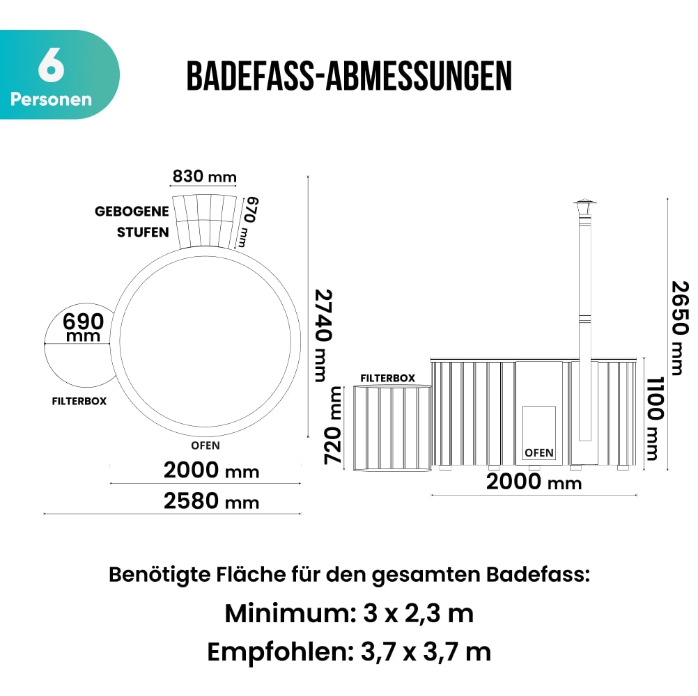 Technical schematic of a 6-person hot tub with curved steps, filter box, wood stove, and detailed dimensions in millimeters.