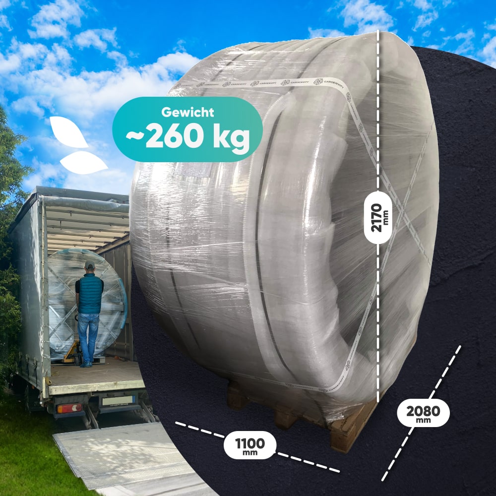 Side view of large wrapped round spa tub on pallet with dimensions and weight overlay near delivery truck and person loading