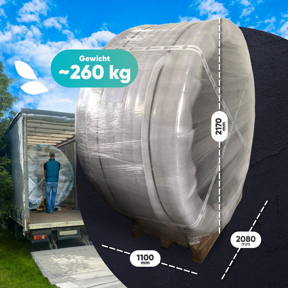 Man standing next to a wrapped large round object with measurements 2170mm, 2080mm, and 1100mm on truck loading ramp