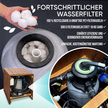 Close-up of advanced water filter system with recyclable PET filter balls and control valve in wooden enclosure
