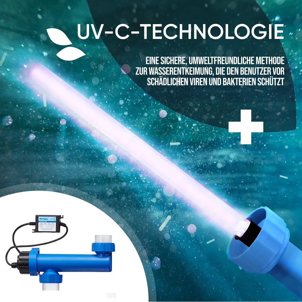 Close-up of UV-C light sterilizer emitting glowing blue light to purify water and kill harmful bacteria and viruses