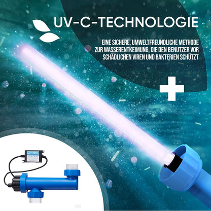 Close-up of UV-C light sterilizer emitting glowing blue light to purify water and kill harmful bacteria and viruses