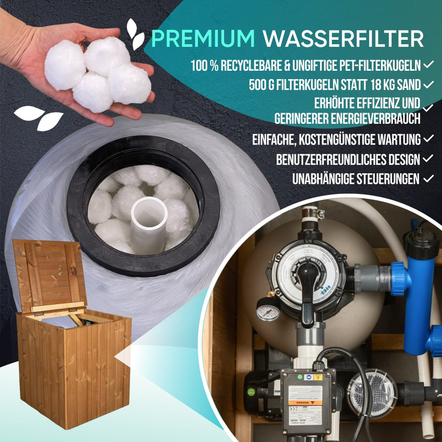Hand hält weiße PET-Filterbälle über einen runden Wasserfiltertank mit separater Wasserpumpe und Holzgehäuse