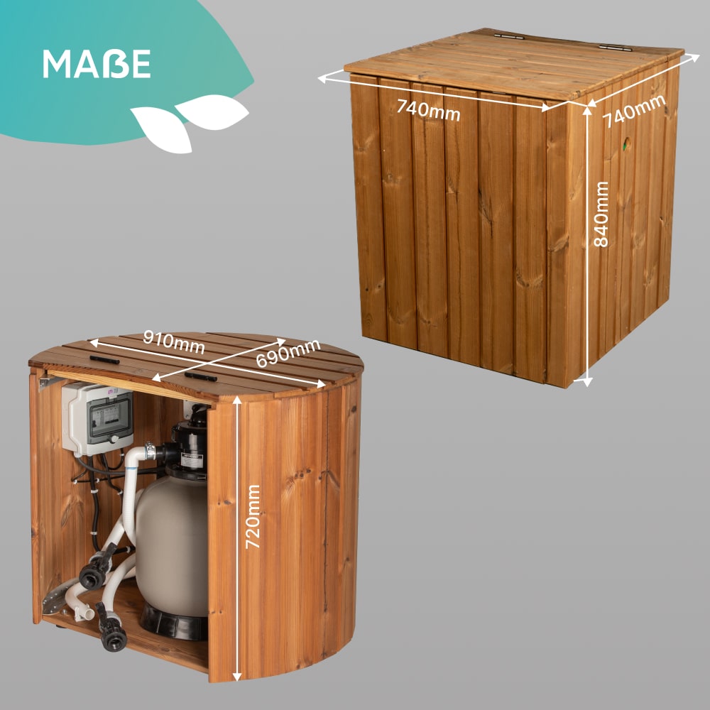 Side and front views of wooden enclosure with dimensions showing control panel and sandfilter inside unit