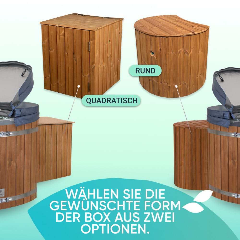Comparison of square and round wooden box covers shown with two wood fired hot tubs and German text below