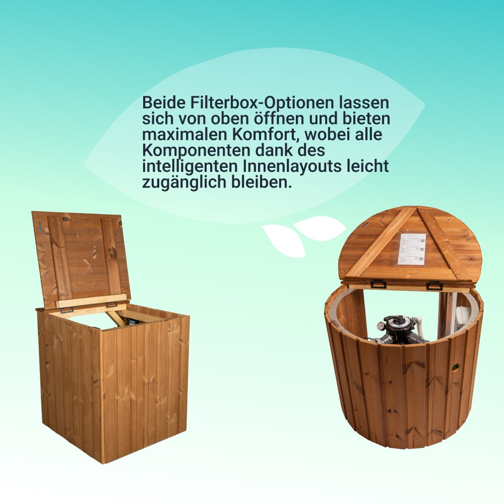 Front view of two wooden filter boxes with top-opening lids showing internal components against turquoise background