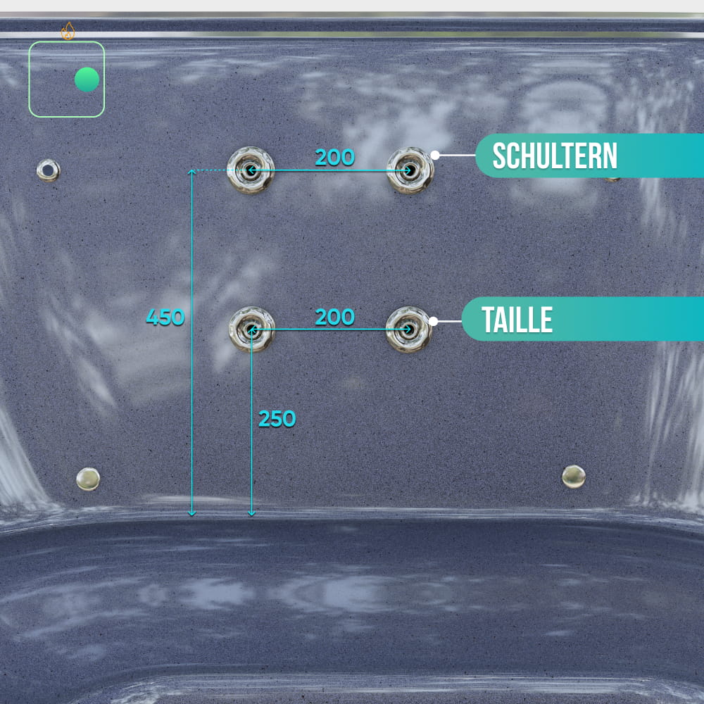 Nahaufnahme der Hydromassagebereiche im grauen Einsatz des Hot Tubs