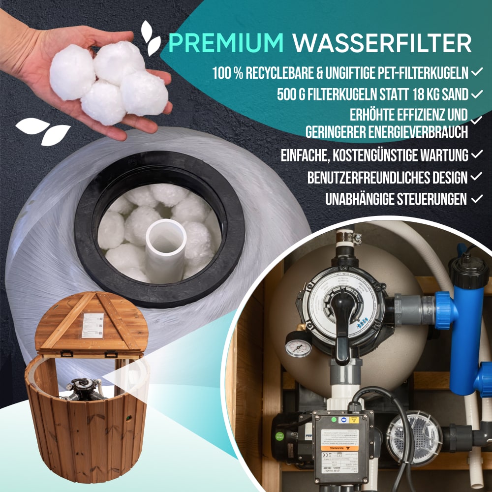 Close-up of white PET filter balls inside water filtration system with wood hot tub and control valve visible