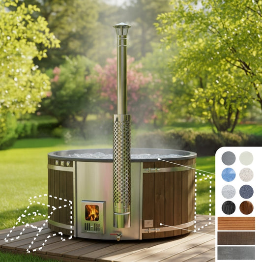 Front view of Configure XL 6-8 seater wood fired hot tub with integrated stainless steel heater and wooden outer panels