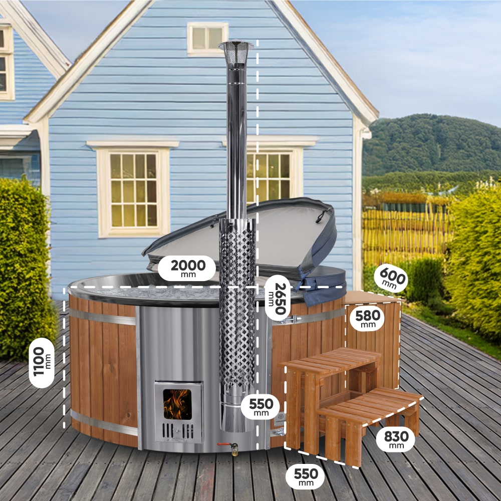 Outdoor view of wood fired hot tub with stainless steel stove, wooden steps, and open cover showing measuring dimensions