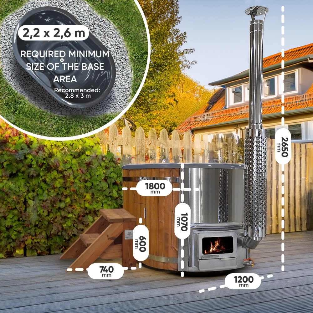 Outdoor view of wood fired hot tub with chimney, wooden steps, and dimensional measurements in backyard setting