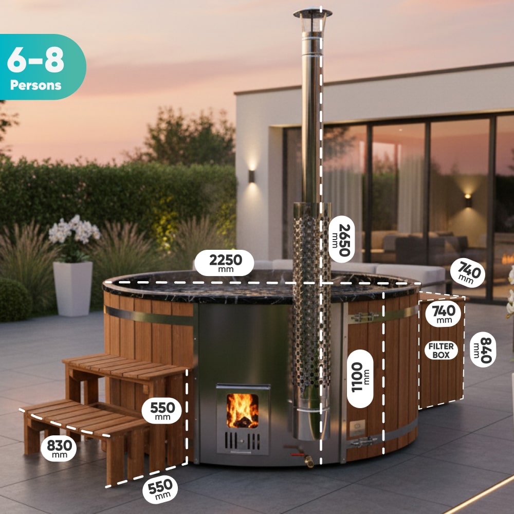 Outdoor side view of a 6-8 person wood fired hot tub with wooden steps, integrated stove, and filter box showing dimensions