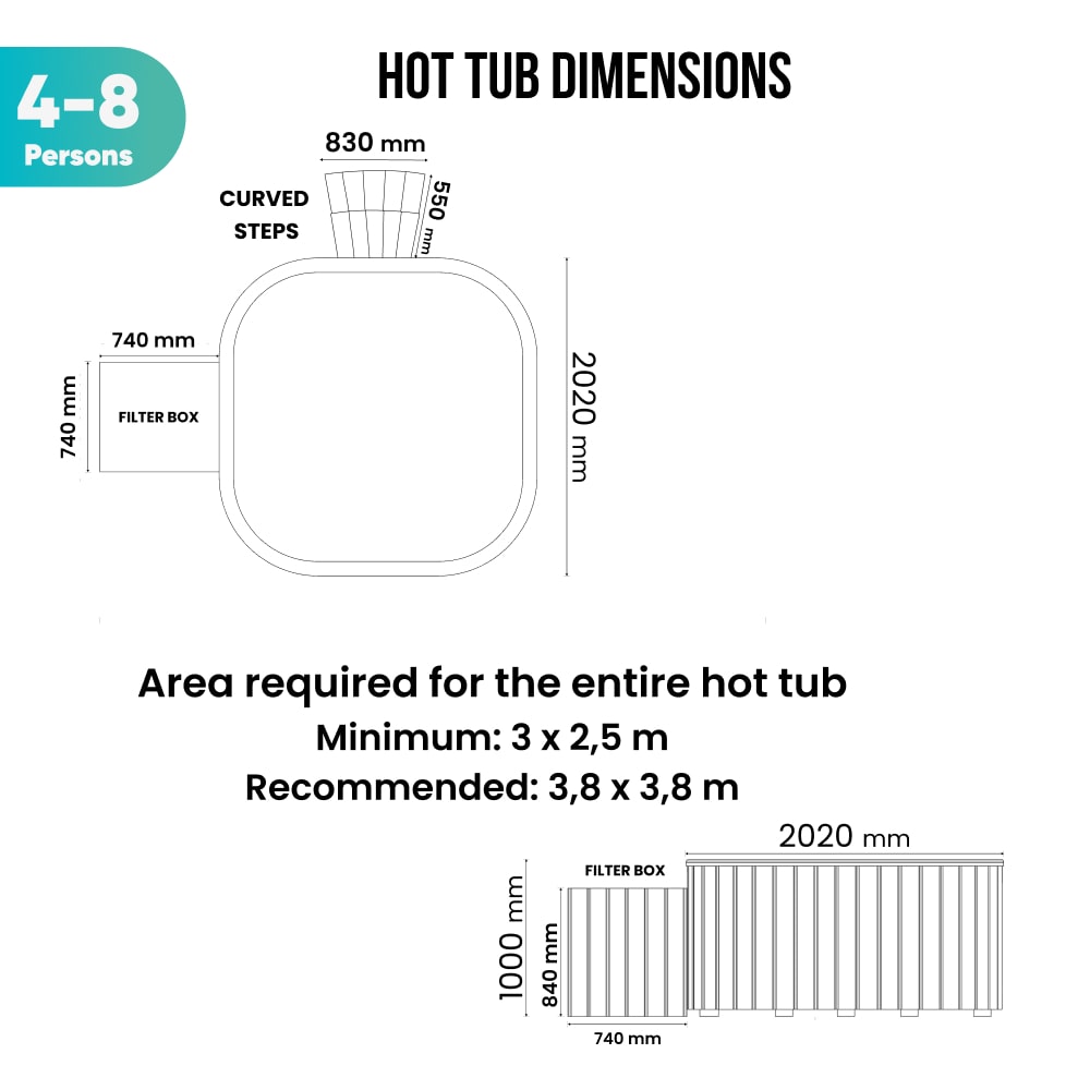 Top and side schematic showing dimensions and area requirements for a wood fired hot tub with curved steps and filter box