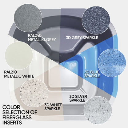 Top-down view of square hot tub fiberglass insert color options including metallic grey, white, silver, and blue sparkle finishes