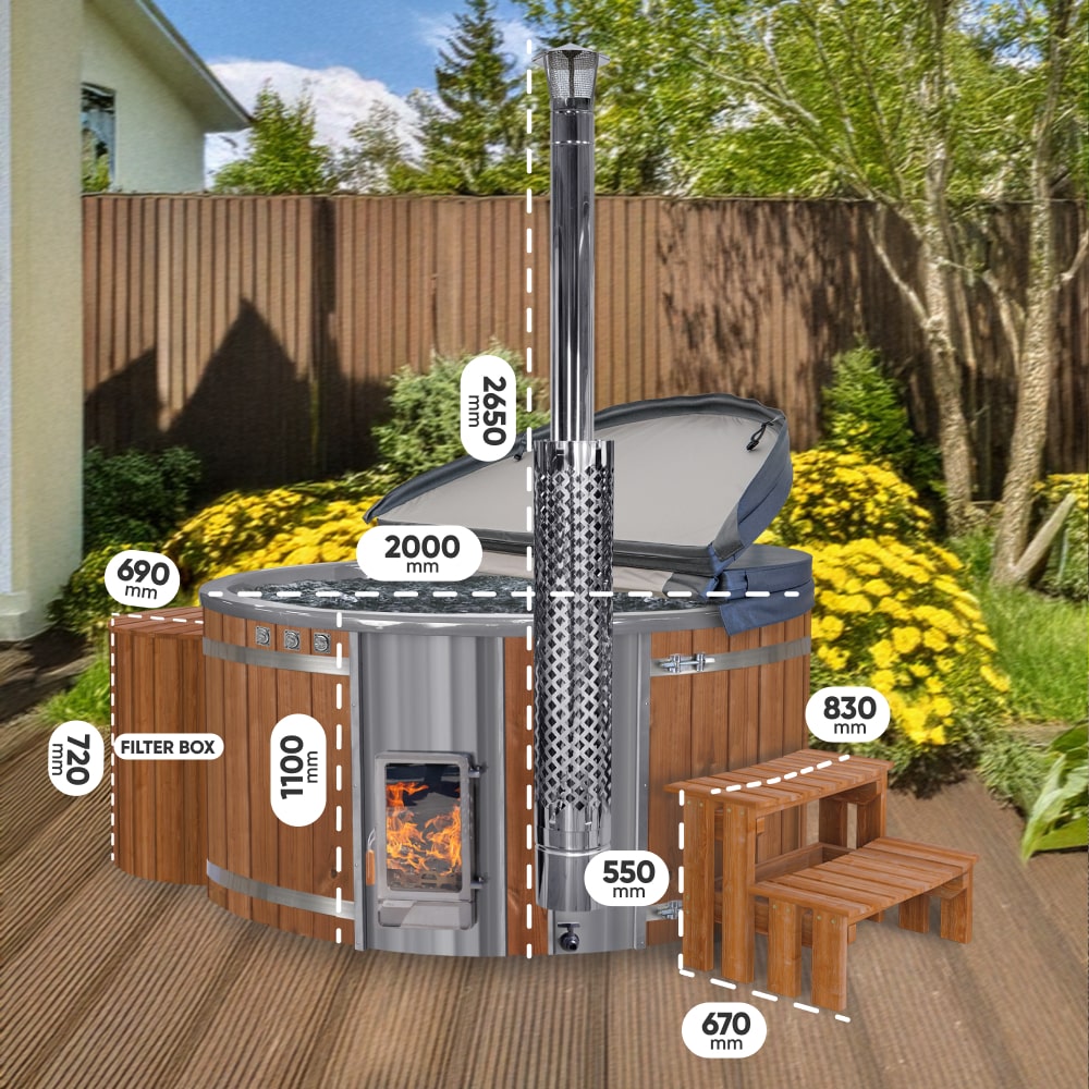 Outdoor view of wood fired hot tub with integrated stove and detailed measurements of tub, filter box, steps, and chimney