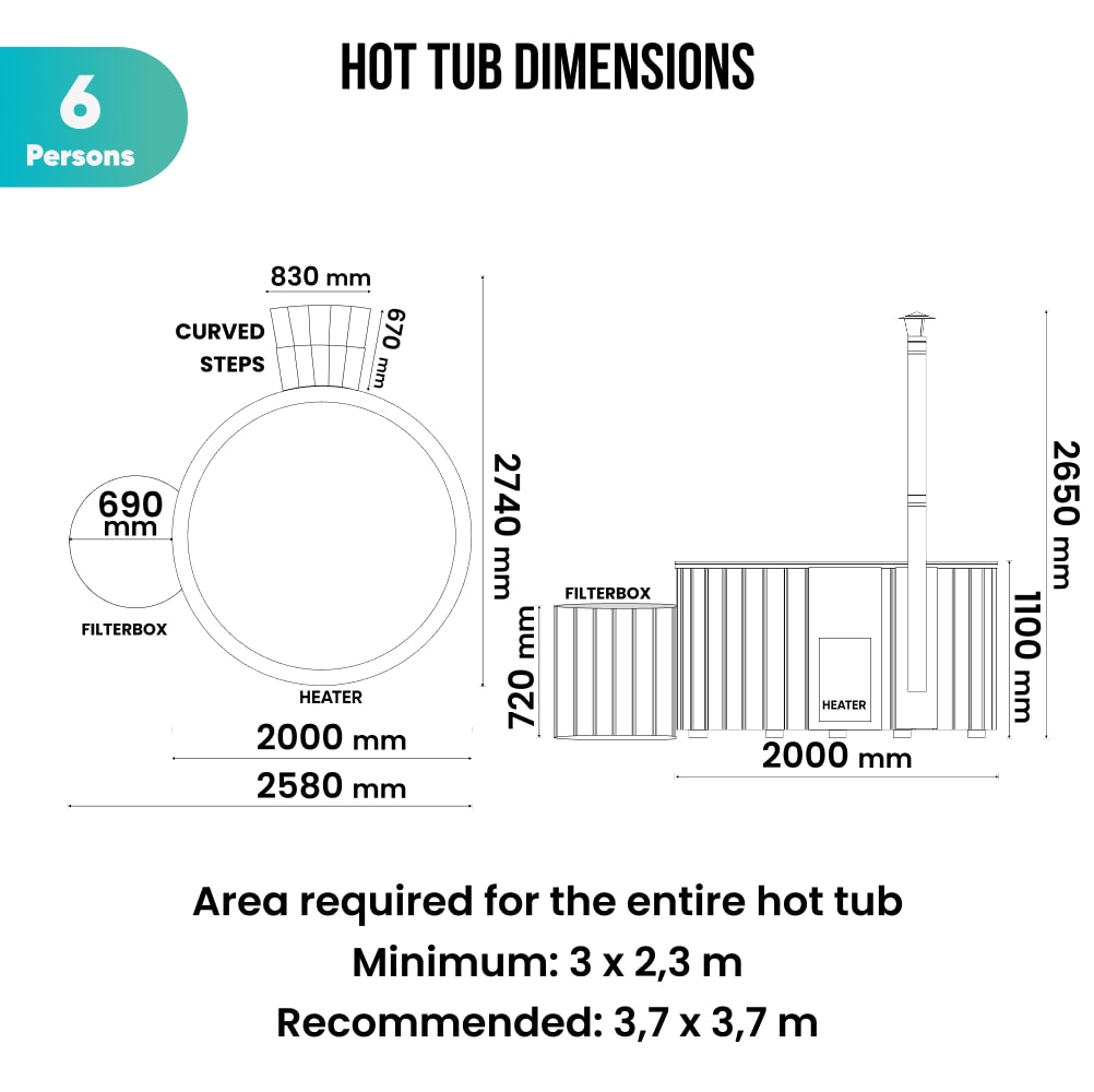 Technical schematic showing dimensions and layout of a 6-person wood fired hot tub with curved steps and filter box.