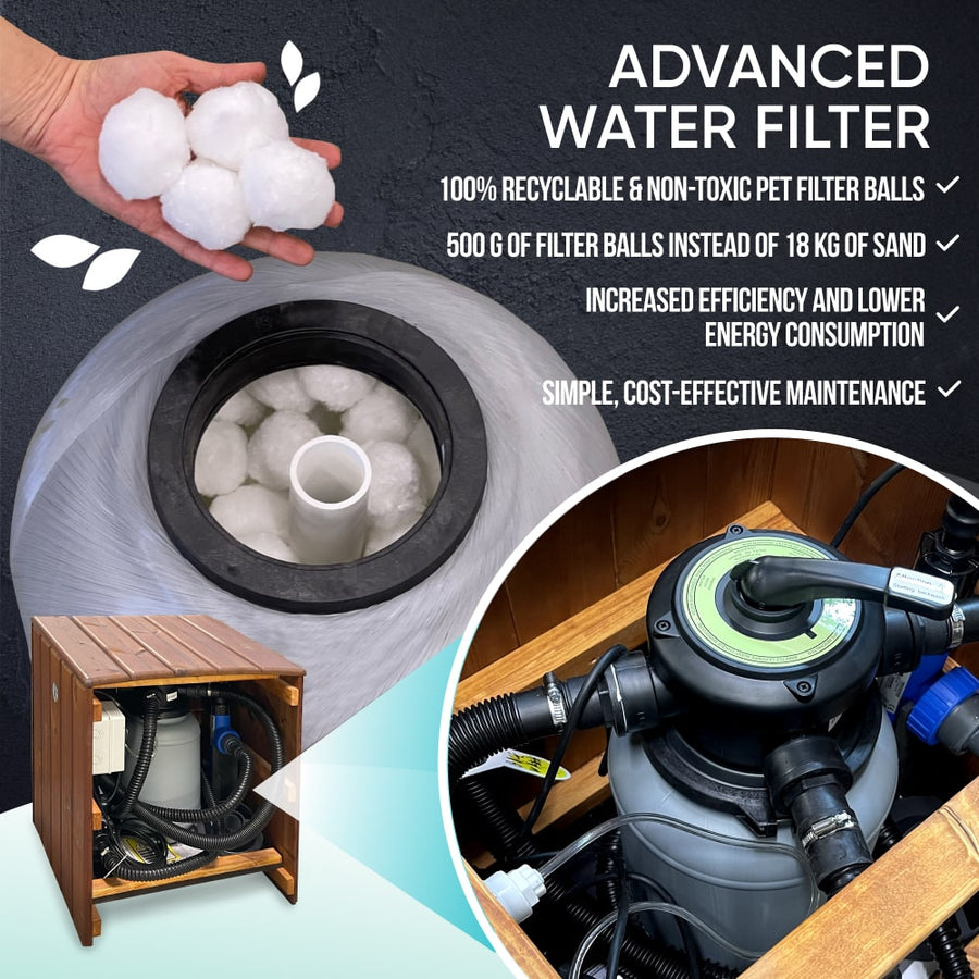 Close-up view of advanced water filter with recyclable pet filter balls in wooden cladded hot tub housing
