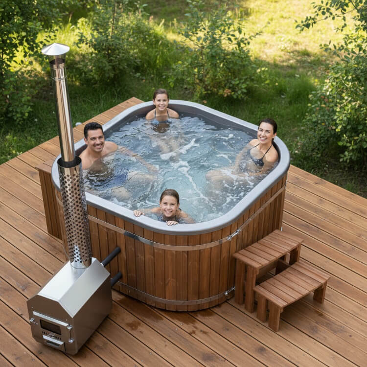 Familie genießt einen Hot Tub auf einer Holzterrasse mit Garten im Hintergrund