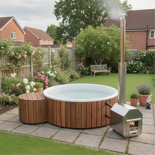Front view of easy-entry wood-fired hot tub for 4-6 with round wooden exterior and water inside