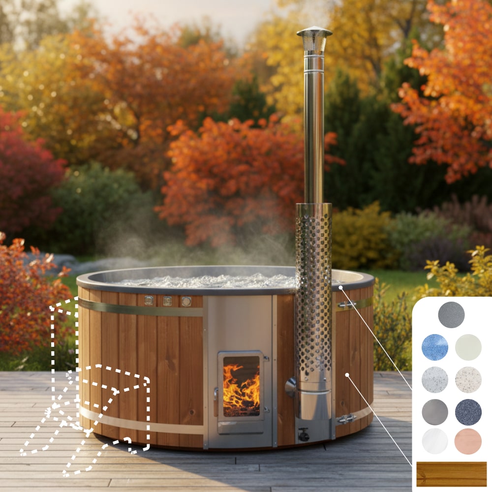 Outdoor view of round wood fired hot tub for 4-6 with integrated Verta heater and autumn garden background
