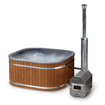 Angled view of square wood fired hot tub for 6-8 persons with external stainless steel heater and wooden paneling