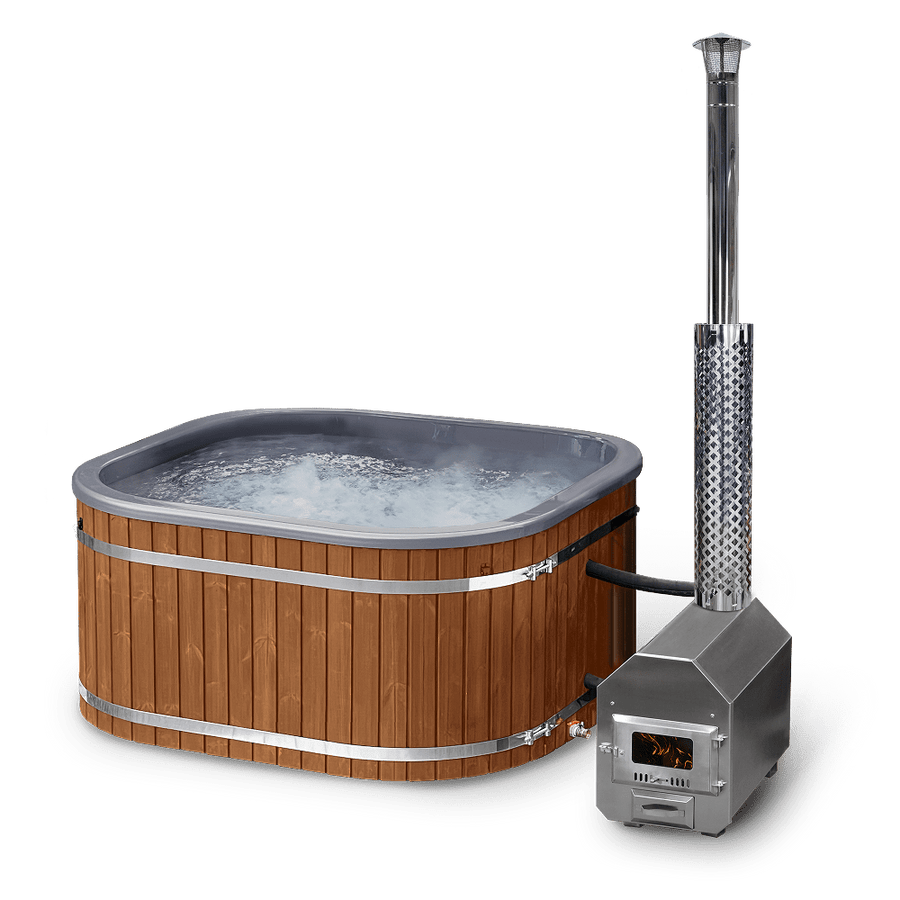 Angled view of square wood fired hot tub for 6-8 persons with external stainless steel heater and wooden paneling