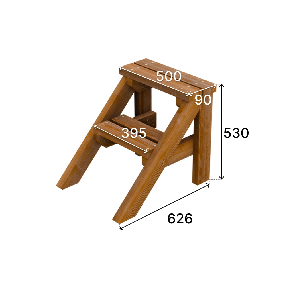 Standard-Holzstufe mit Maßangaben auf weißem Hintergrund